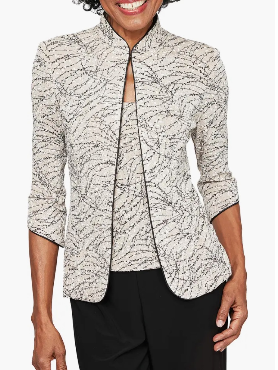 Alex Evenings Foiled Print Twinset Women’s Medium Mandarin Jacket Metallic